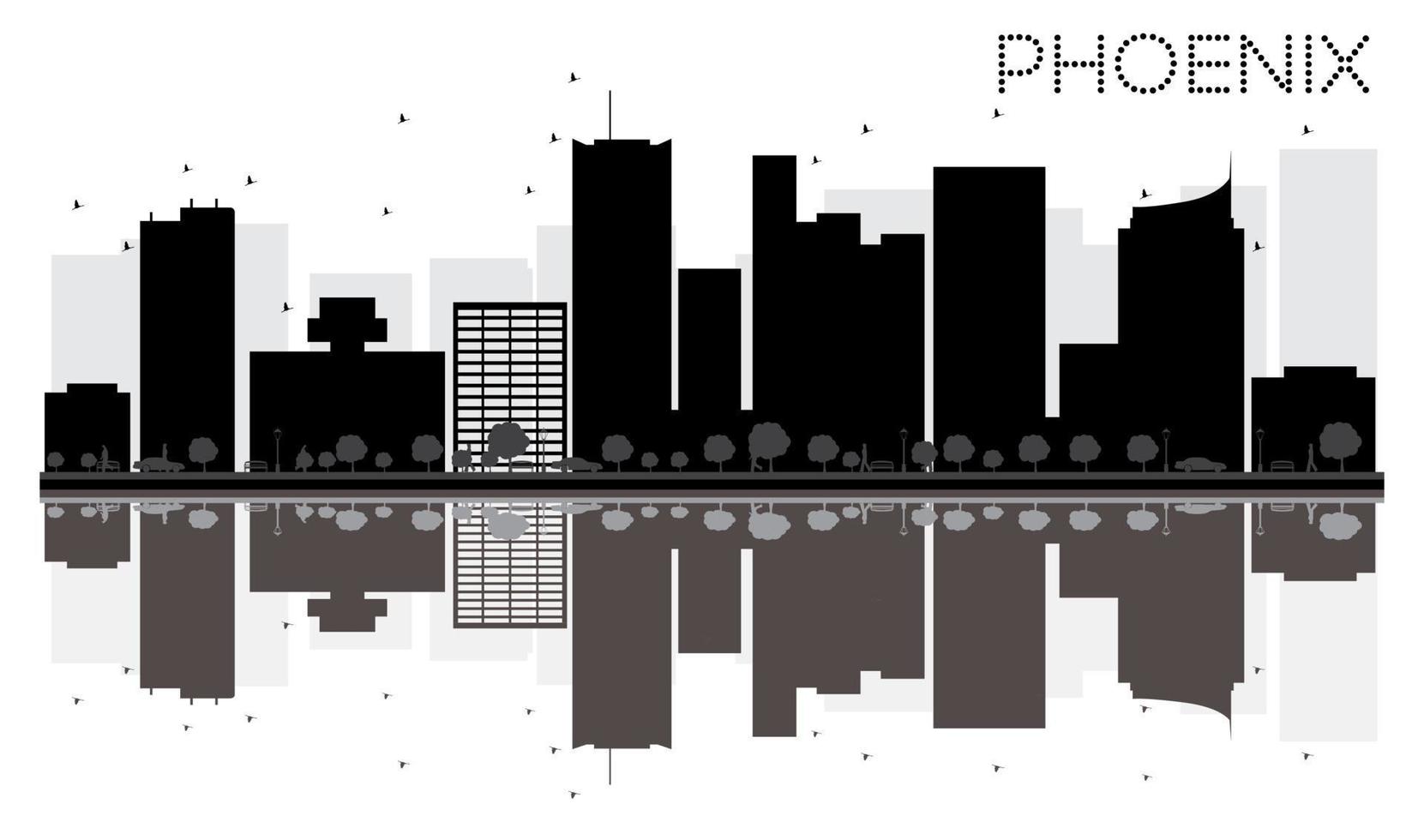 silueta en blanco y negro del horizonte de la ciudad de phoenix con reflejos. vector