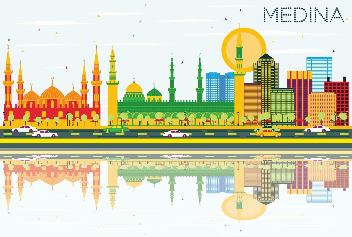 Medina Skyline with Color Buildings, Blue Sky and Reflections. vector