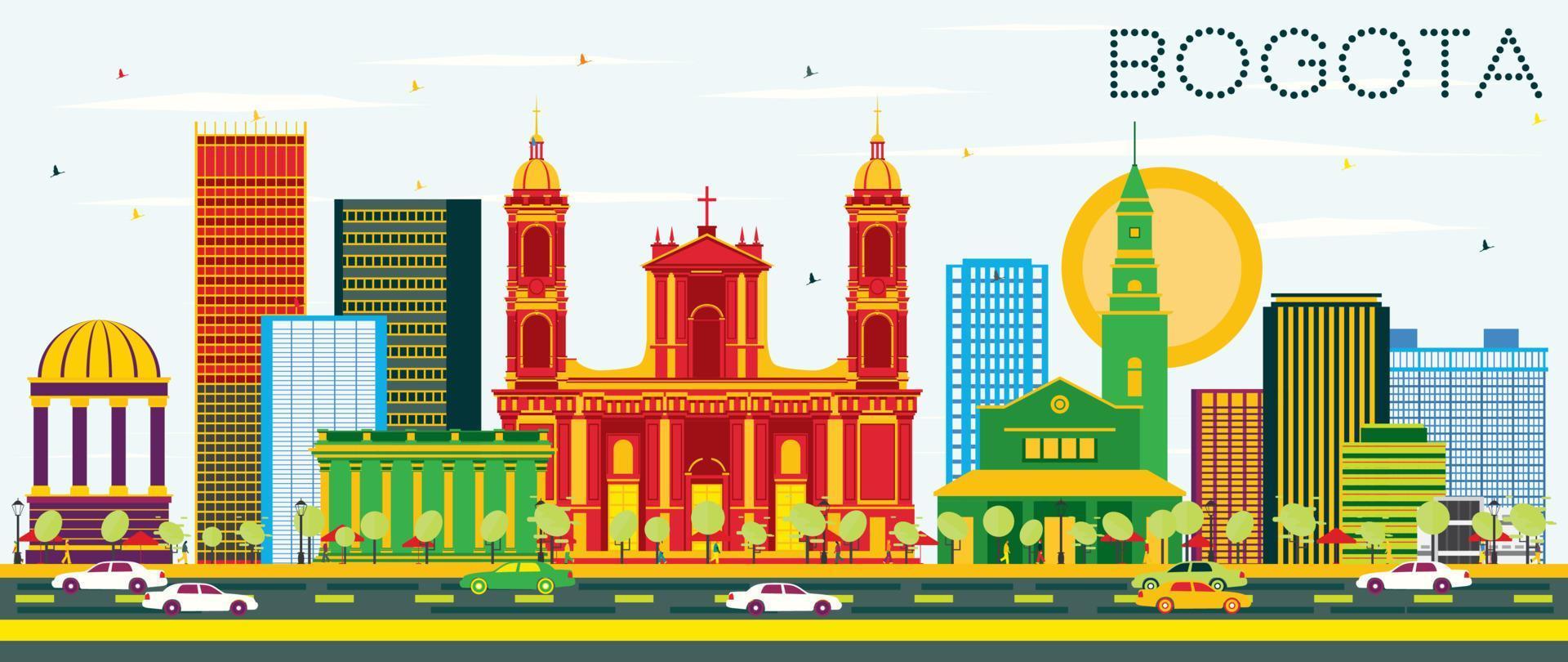 Bogota Colombia Skyline with Color Buildings and Blue Sky. vector