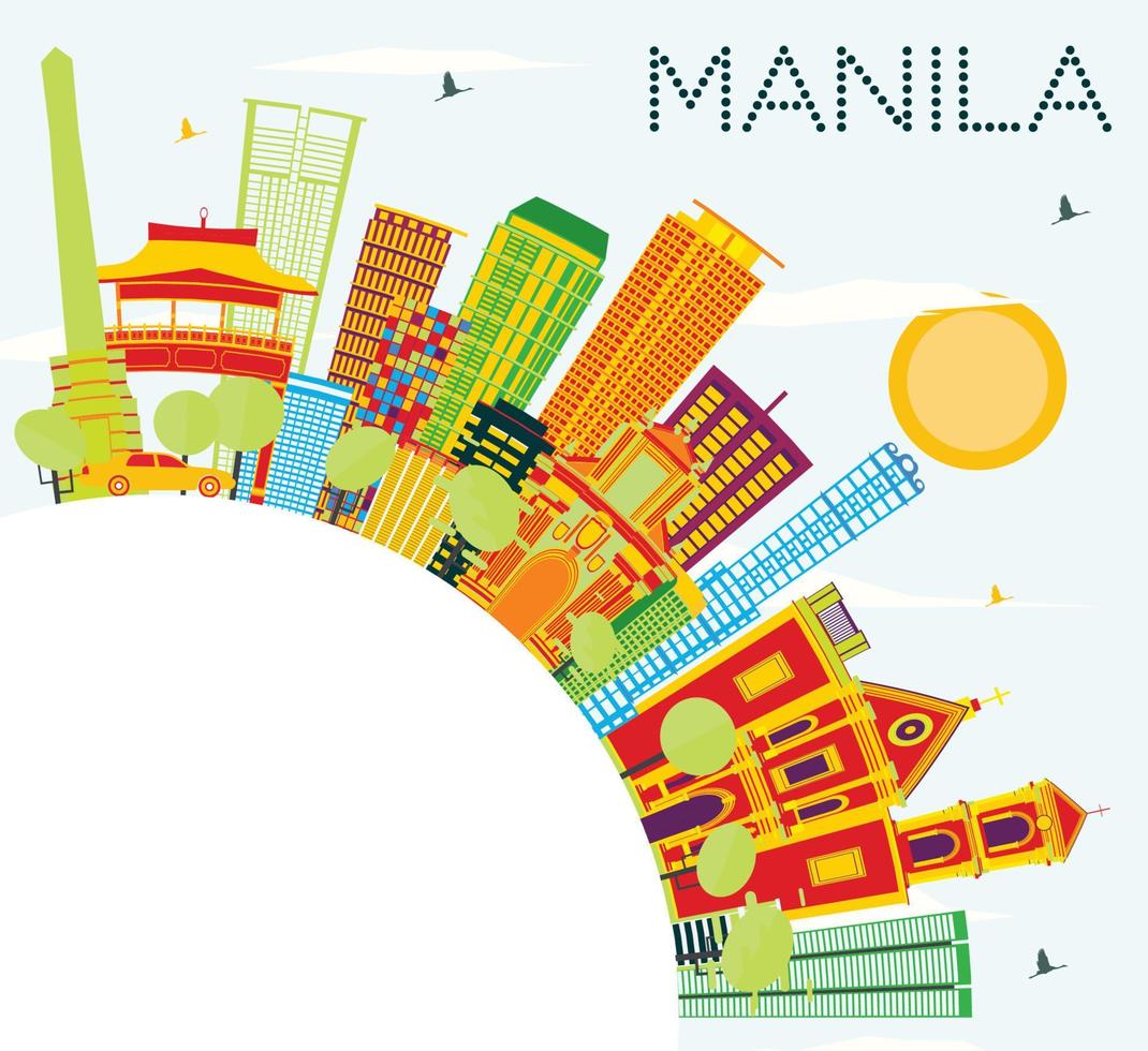 horizonte de manila con edificios de color, cielo azul y espacio de copia. vector