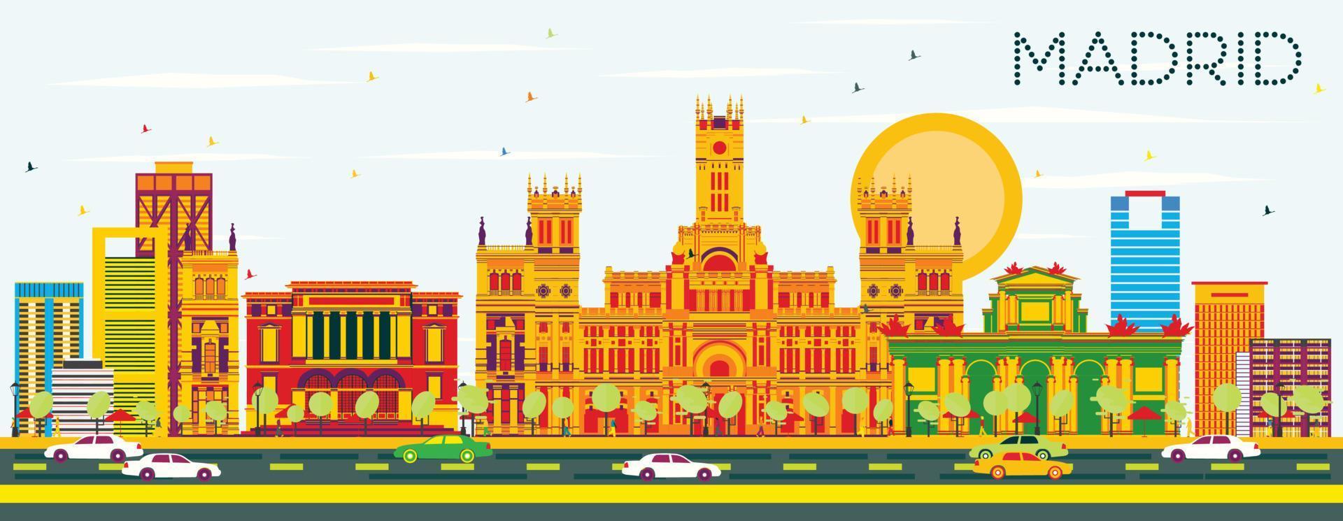 Madrid Skyline with Color Buildings and Blue Sky. vector