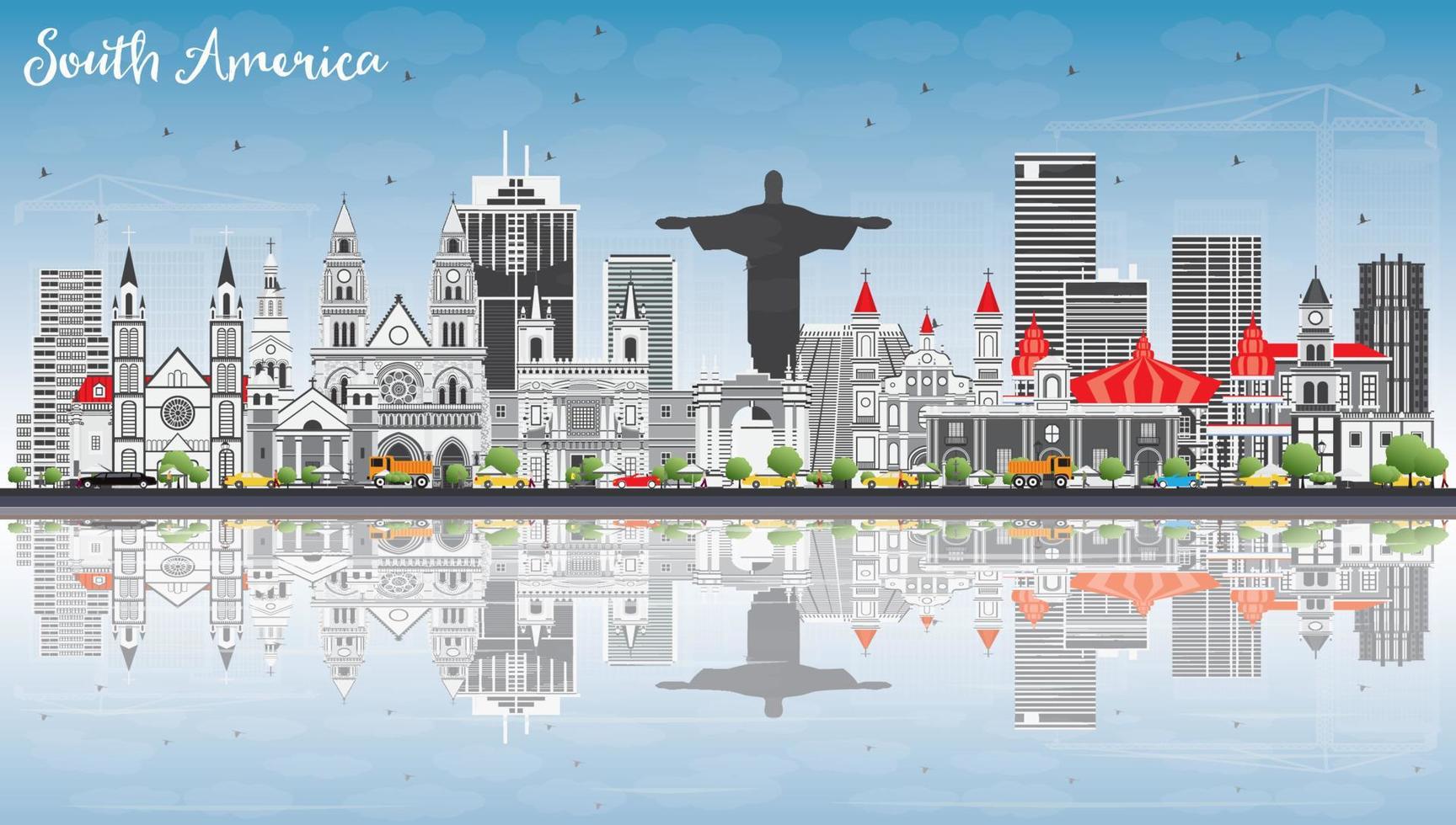 South America Skyline with Famous Landmarks and Reflections. vector