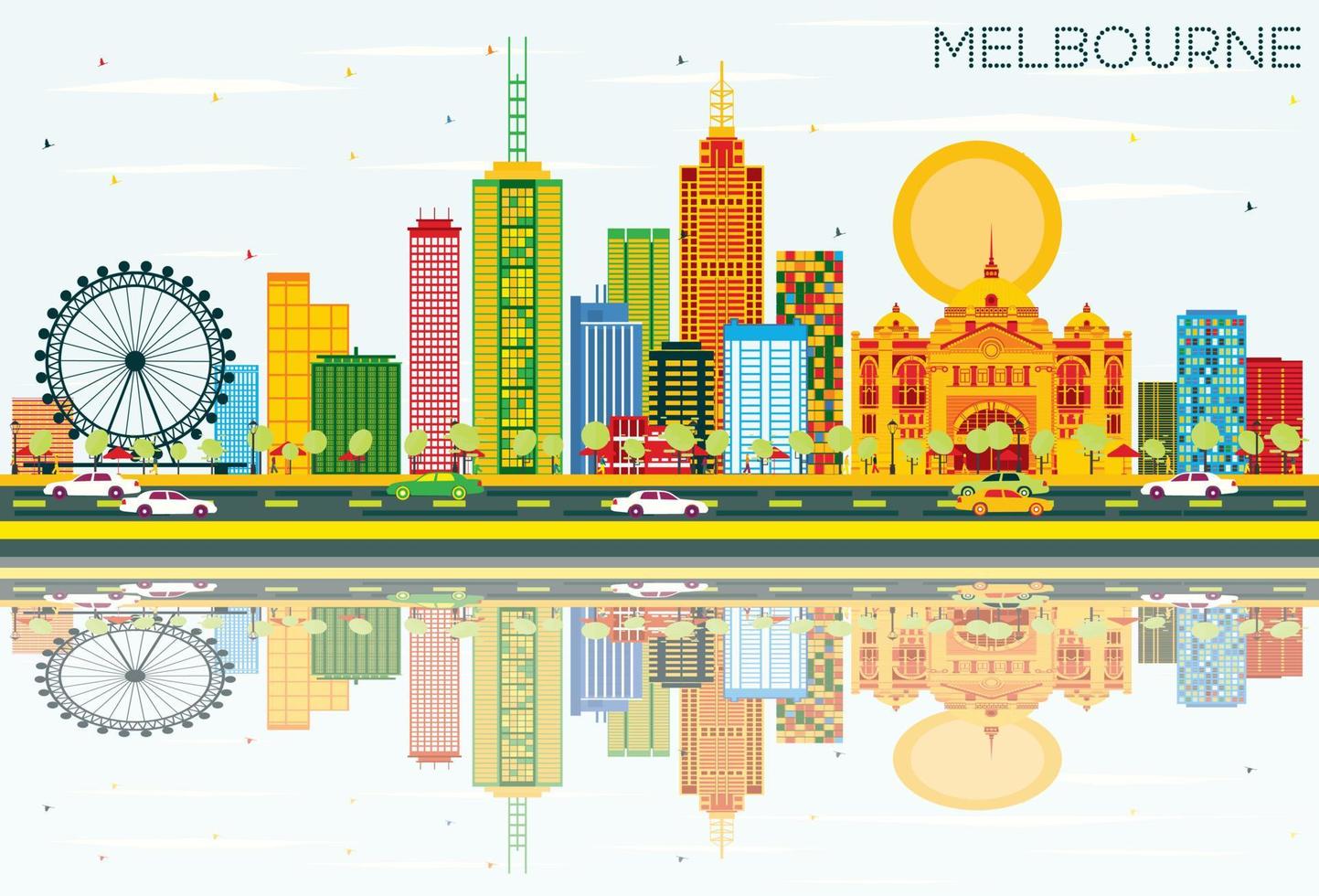 Melbourne Skyline with Color Buildings, Blue Sky and Reflections. vector