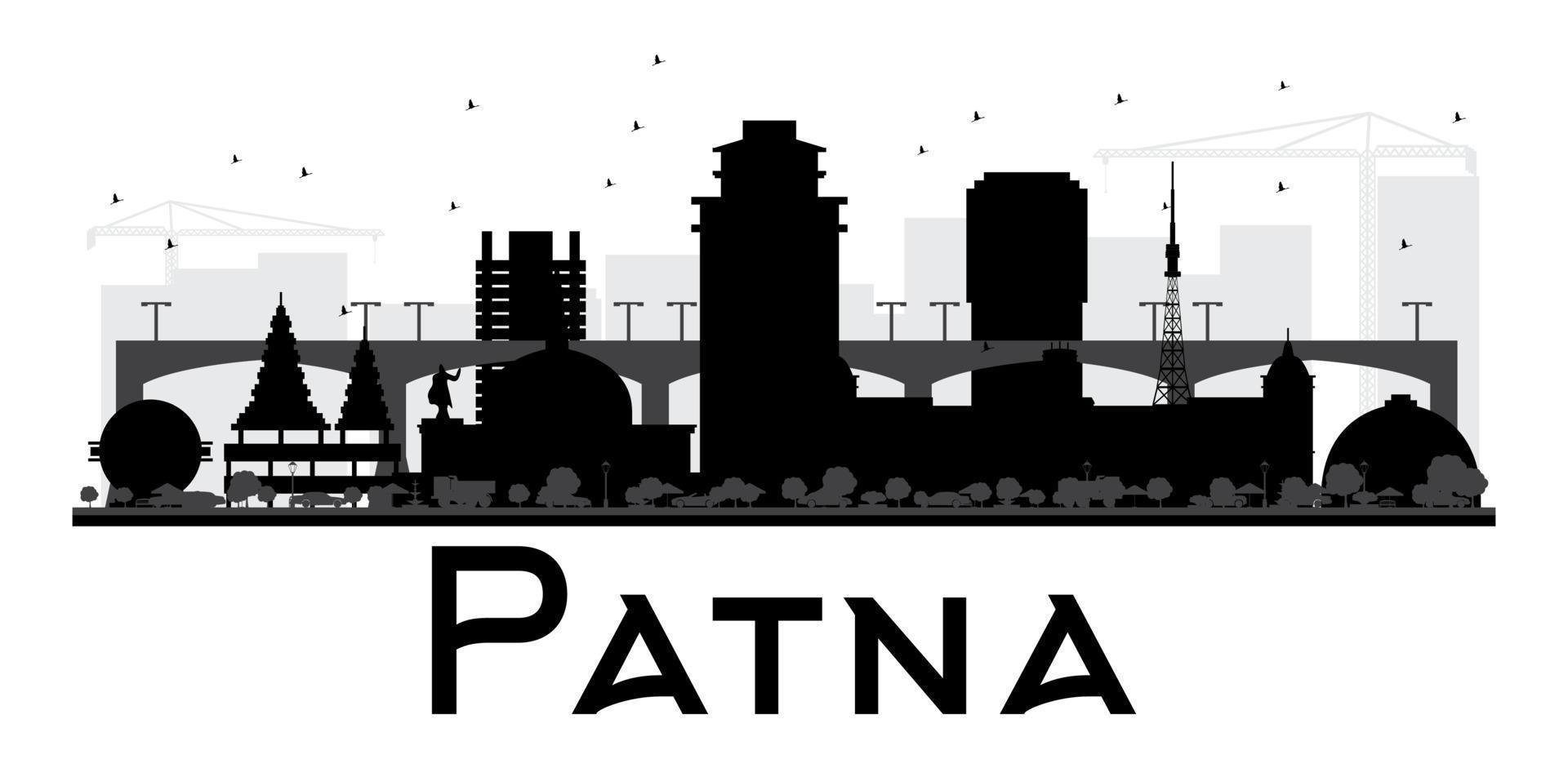 silueta en blanco y negro del horizonte de la ciudad de patna. vector
