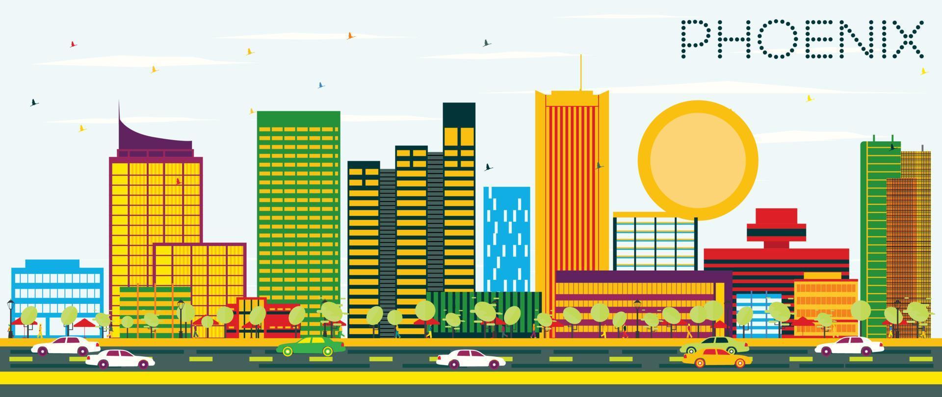 Phoenix Skyline with Color Buildings and Blue Sky. vector