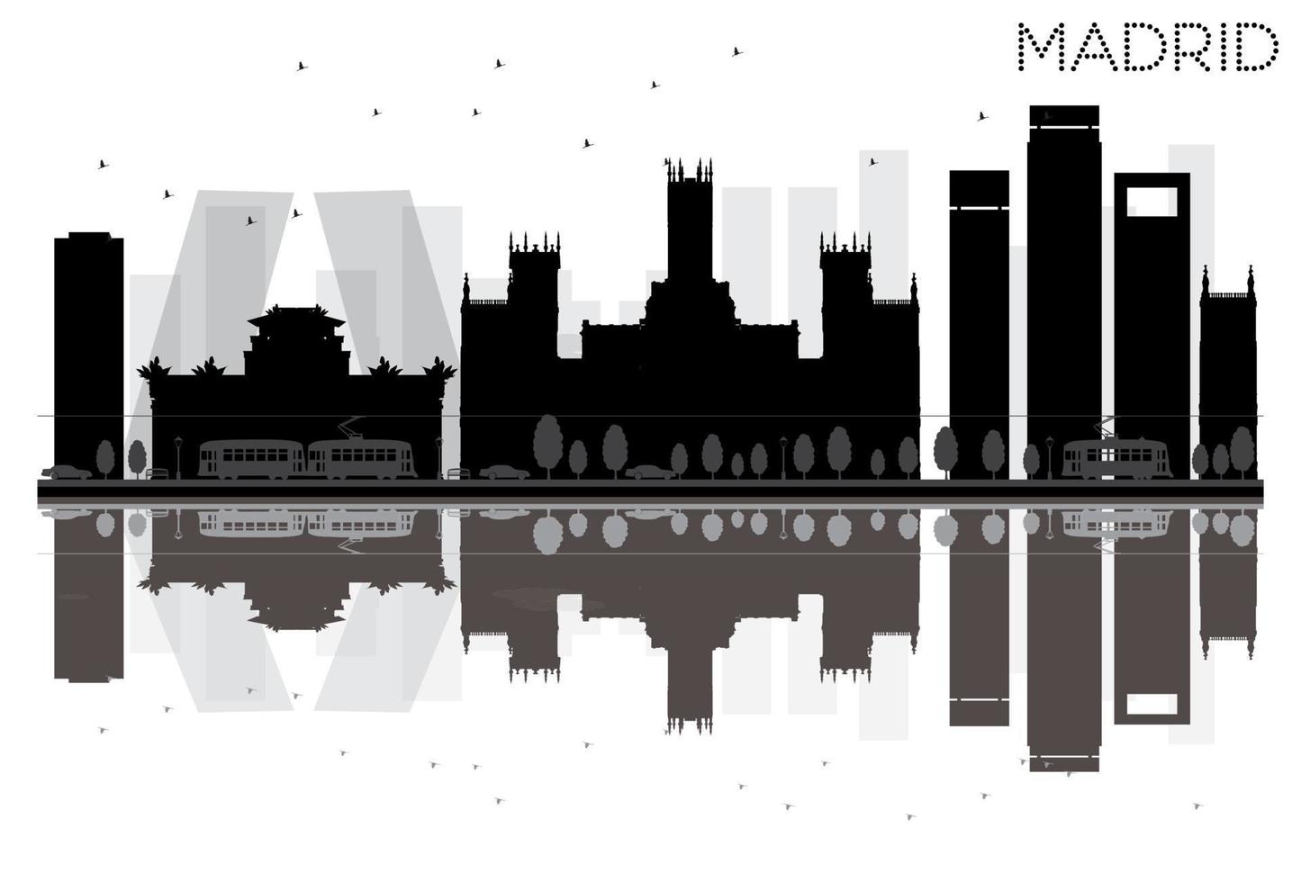 Madrid City skyline black and white silhouette with reflections. vector