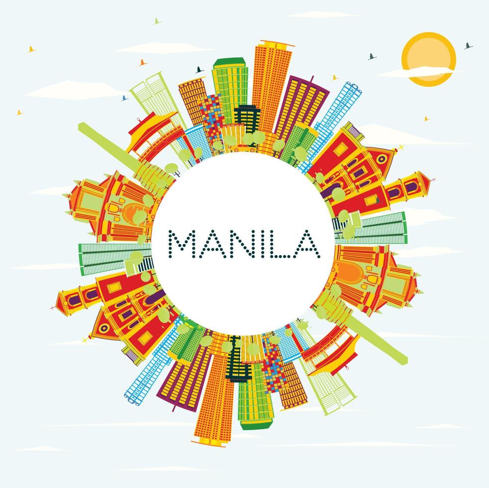 Manila Skyline with Color Buildings, Blue Sky and Copy Space. vector
