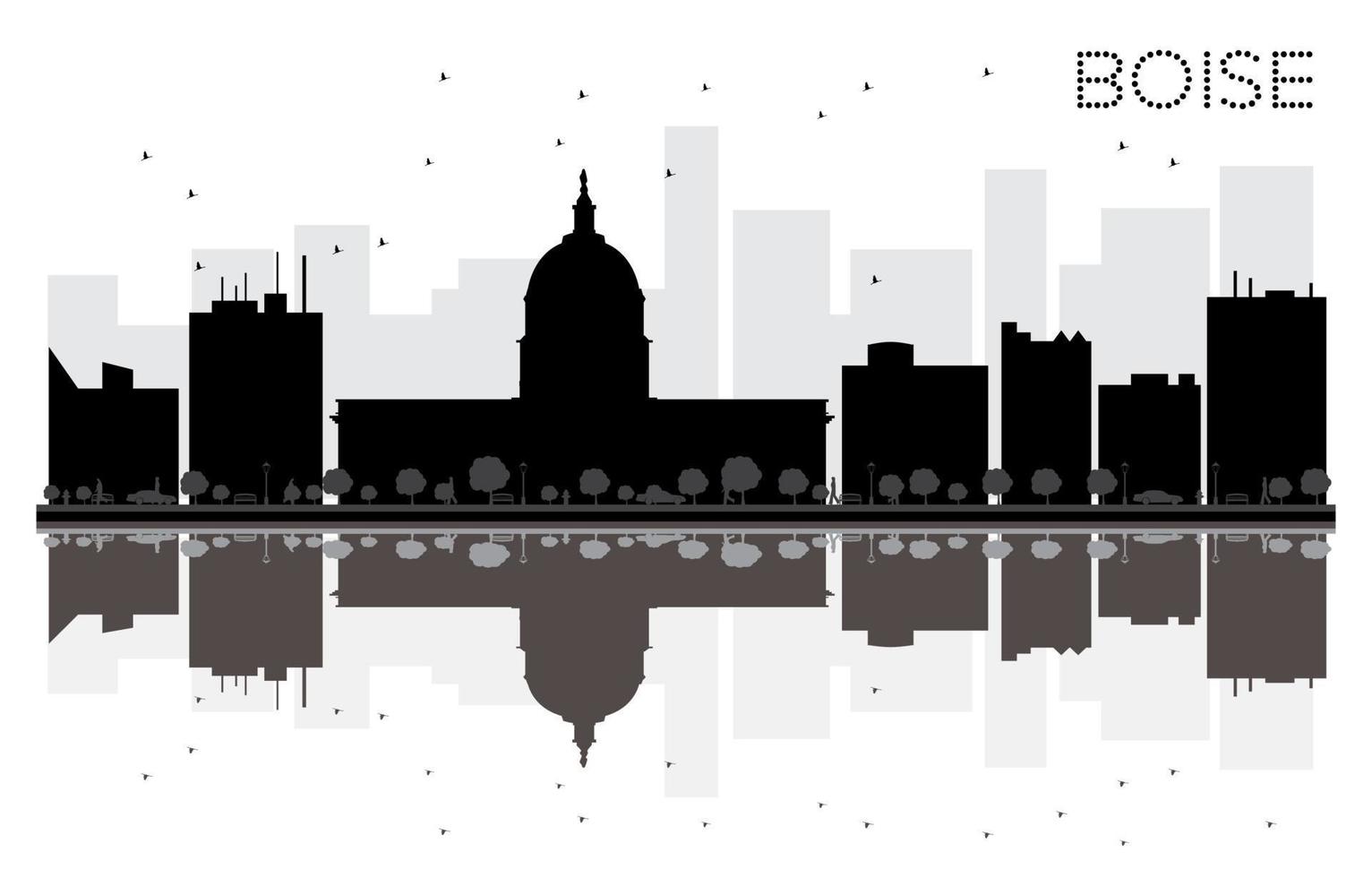 Boise City skyline black and white silhouette with reflections. vector