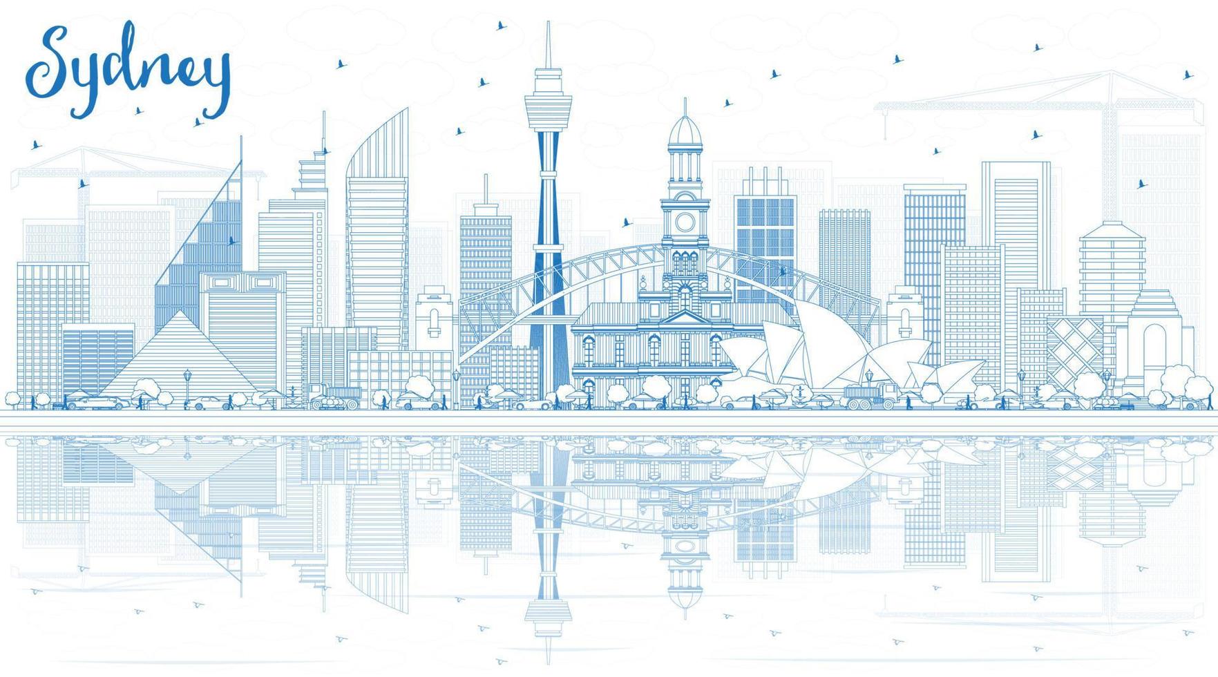 Outline Sydney Australia Skyline with Blue Buildings and Reflections. vector