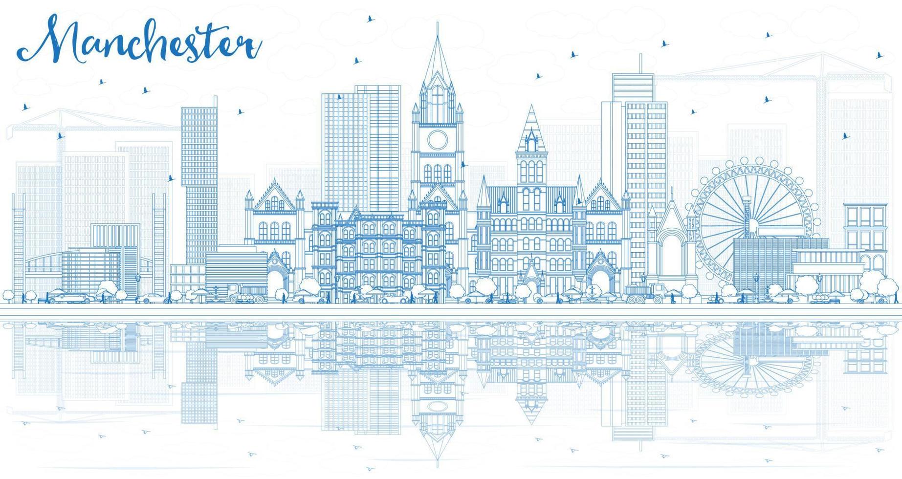 Outline Manchester Skyline with Blue Buildings and Reflections. vector