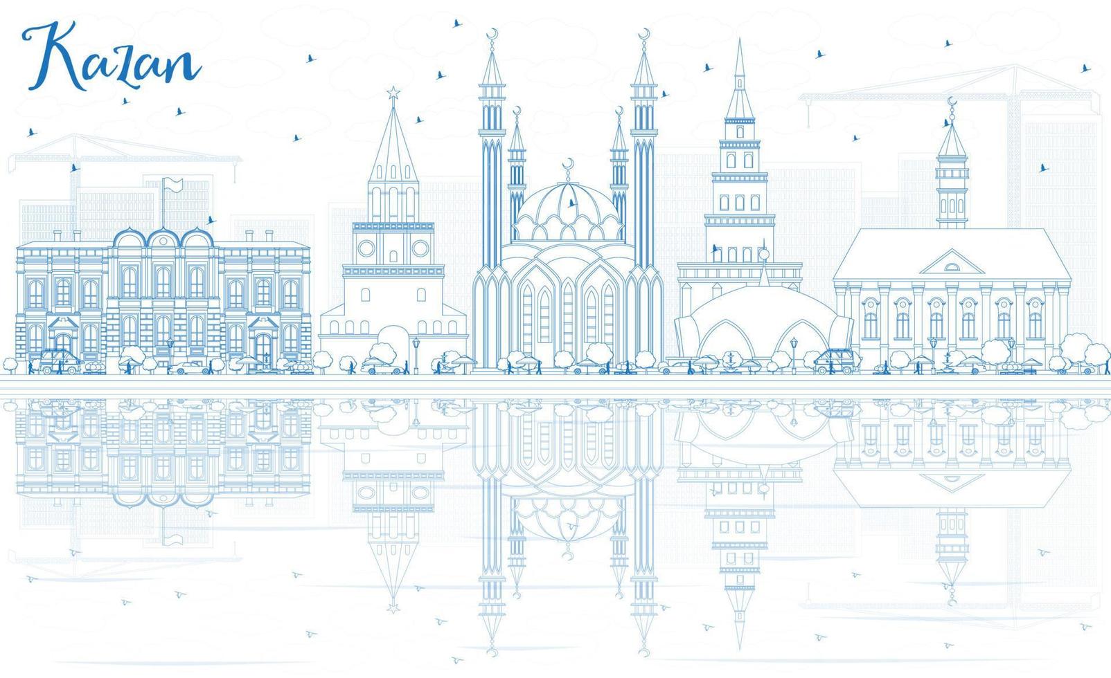 Outline Kazan Skyline with Blue Buildings and Reflections. vector