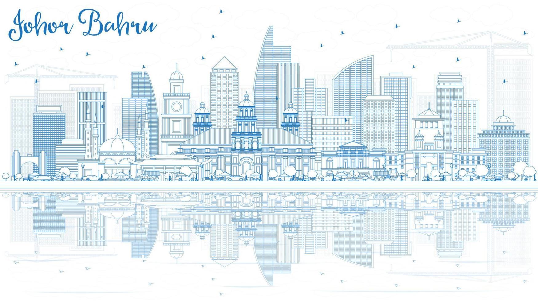 Outline Johor Bahru Malaysia Skyline with Blue Buildings and Reflections. vector