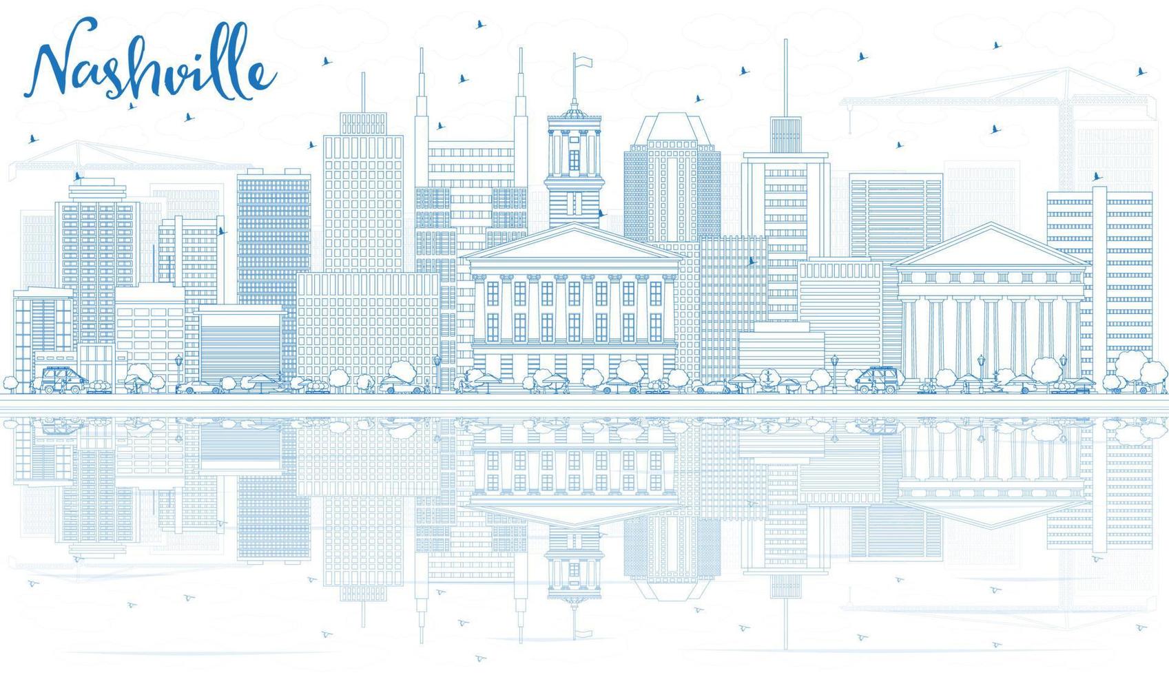 Outline Nashville Skyline with Blue Buildings and Reflections. vector