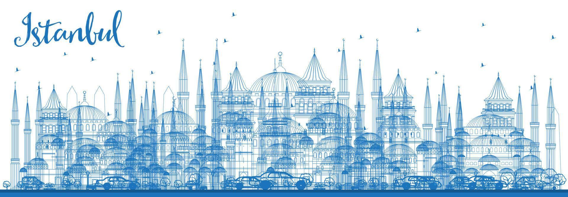 Outline Istanbul Skyline with Blue Landmarks. vector