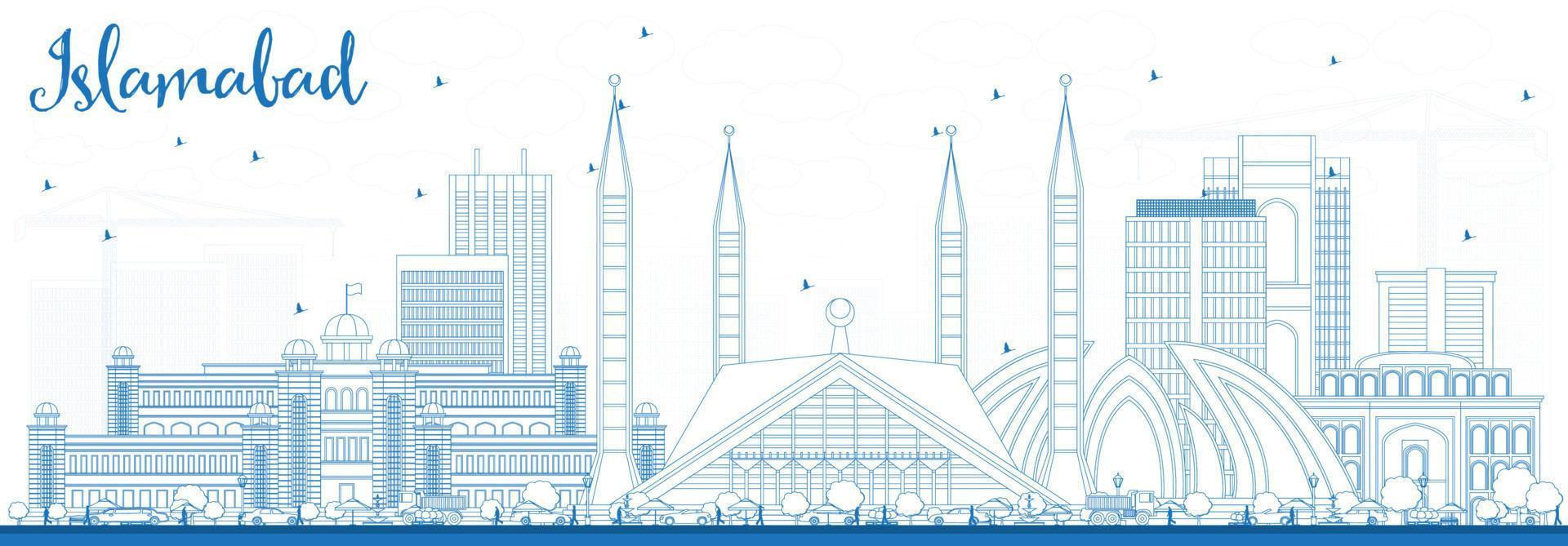 Outline Islamabad Skyline with Blue Buildings. vector