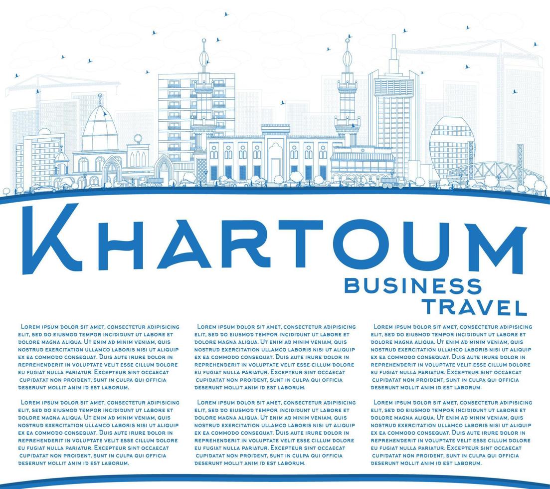 Outline Khartoum Skyline with Blue Buildings and Copy Space. vector