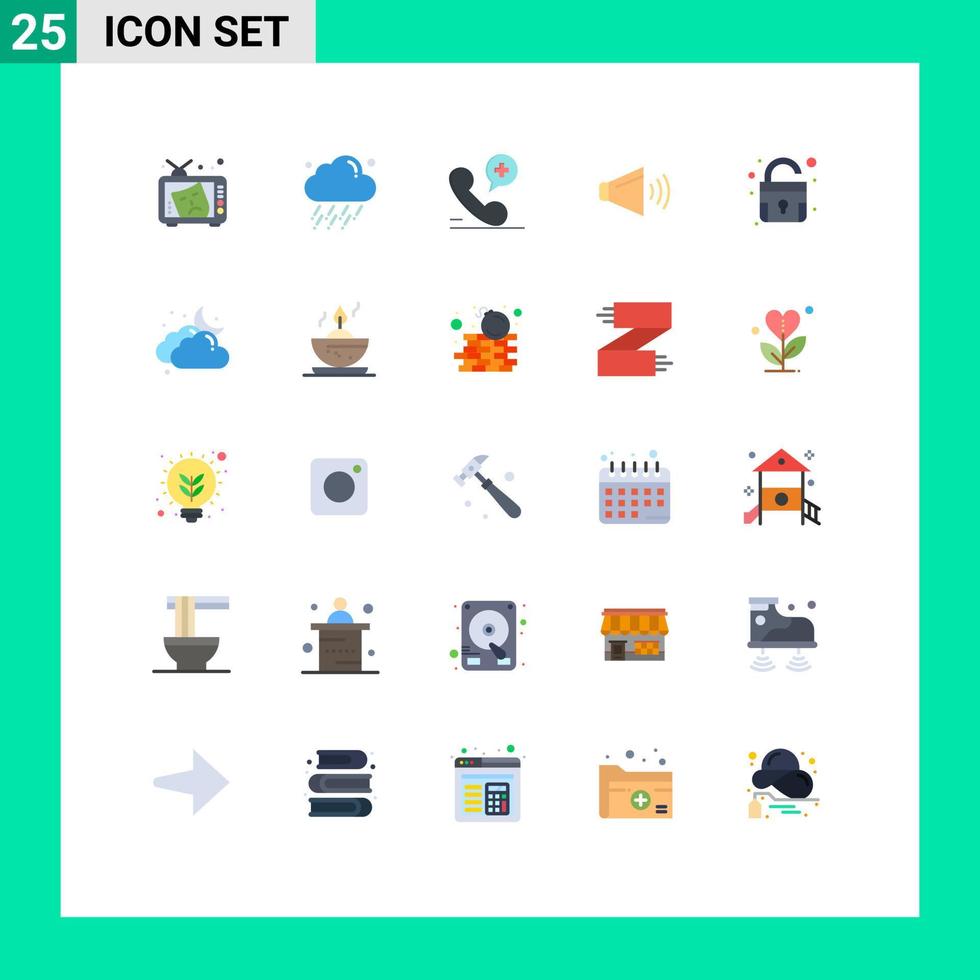 Pack of 25 creative Flat Colors of lock volume wind speaker hospital Editable Vector Design Elements