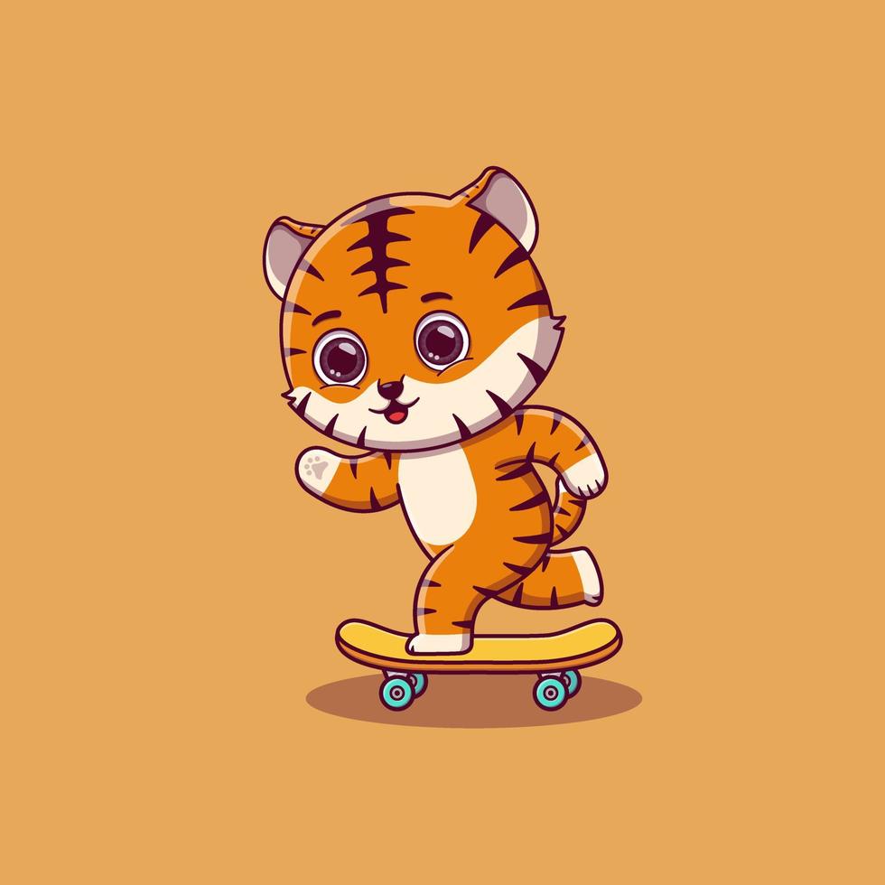 lindo, tigre, juego, patineta, caricatura vector