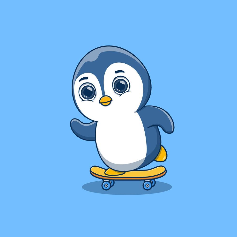 cute penguin playing skateboard cartoon vector