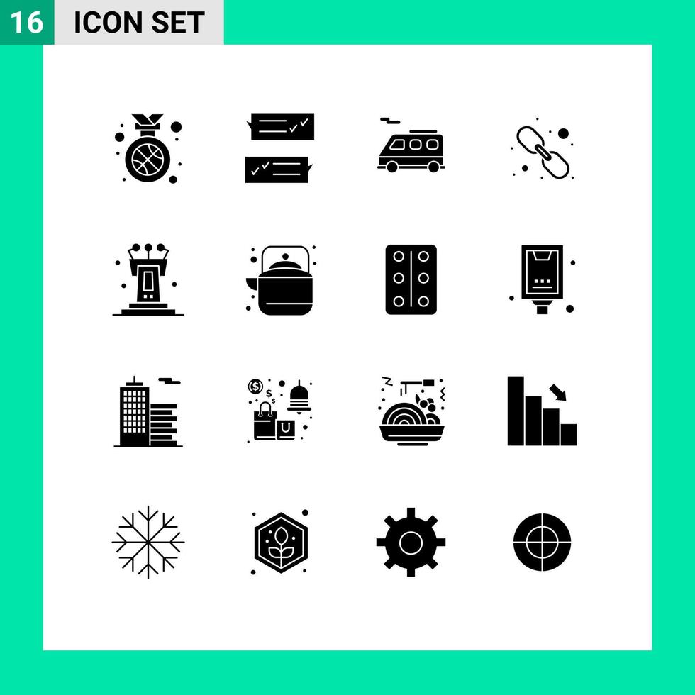 Modern Set of 16 Solid Glyphs and symbols such as podium web link support web hyperlink Editable Vector Design Elements