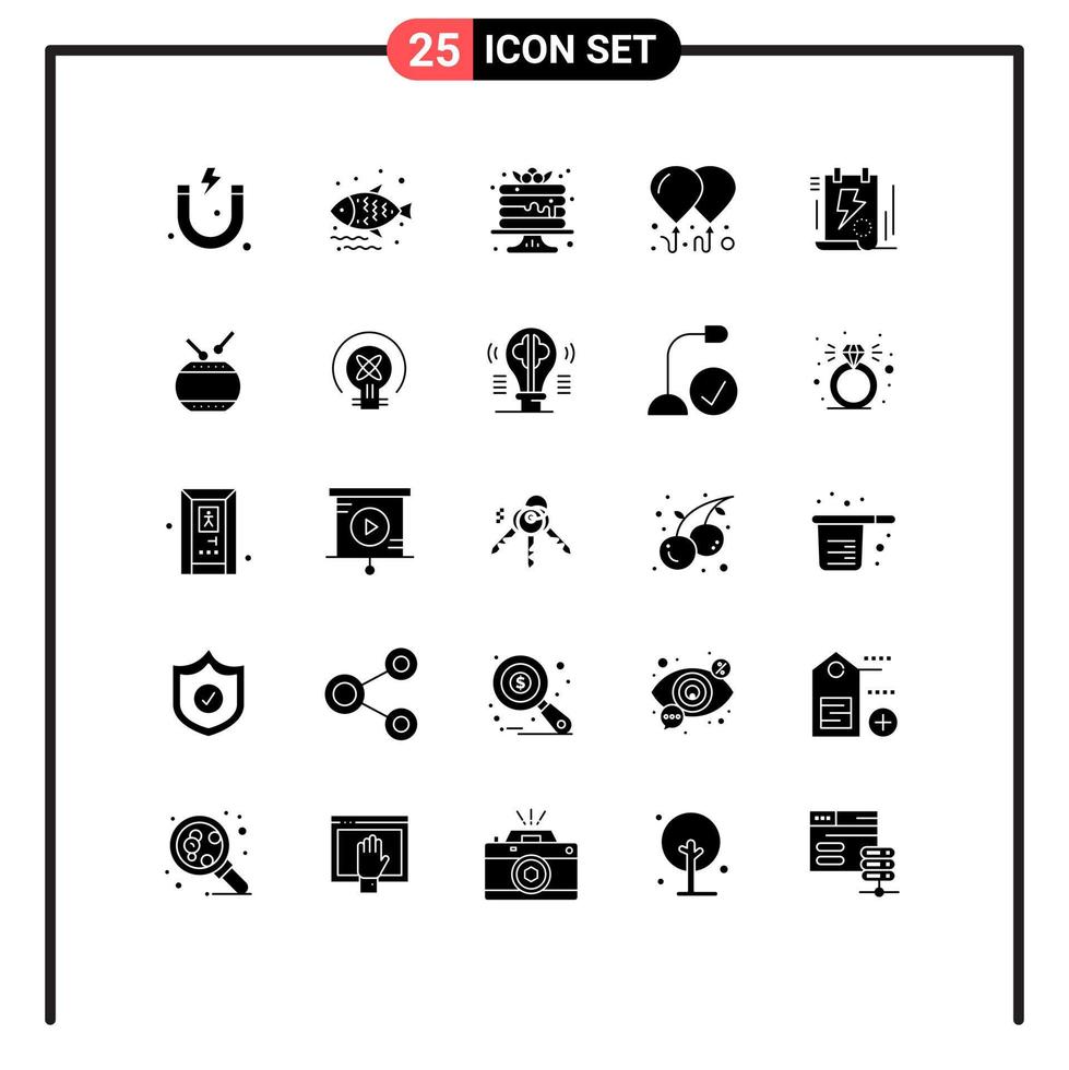 Pack of 25 Modern Solid Glyphs Signs and Symbols for Web Print Media such as bolt energy mardi gras document fly Editable Vector Design Elements