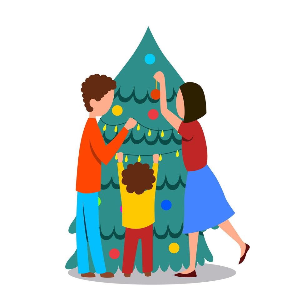 la familia está decorando el árbol de navidad vector