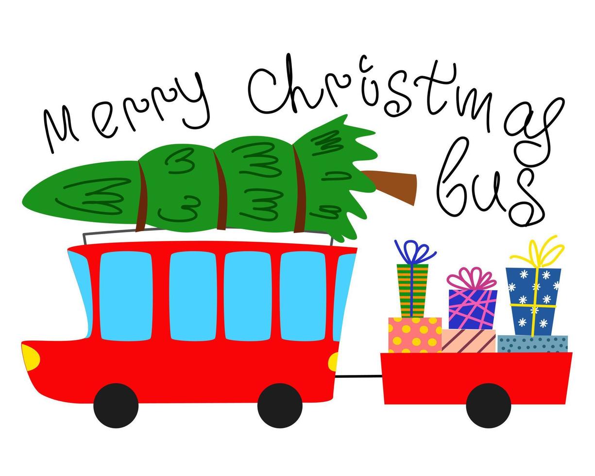 Merry Christmas greeting card. red christmas bus with trailer, fir tree and gifts. Side view. vector