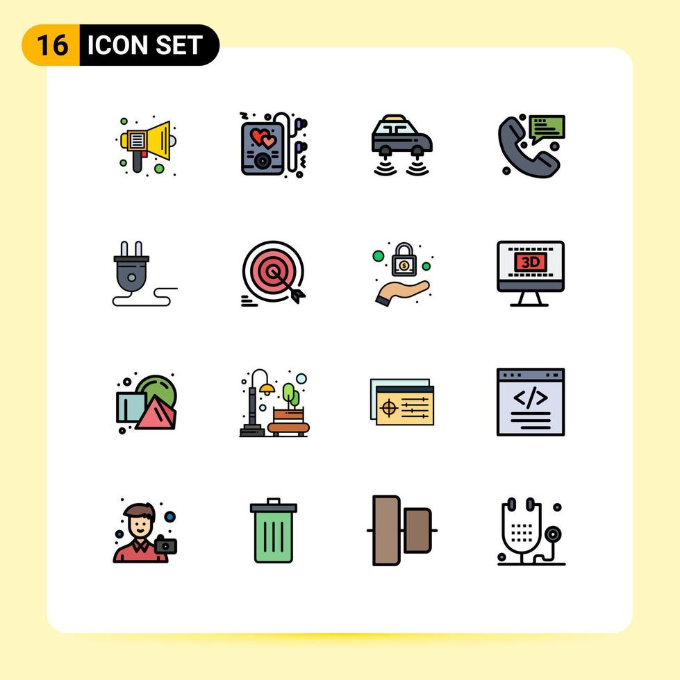 grupo de 16 líneas rellenas de color plano, signos y símbolos para mensajes de mensajes, contacto de coche, wifi, elementos de diseño de vectores creativos editables