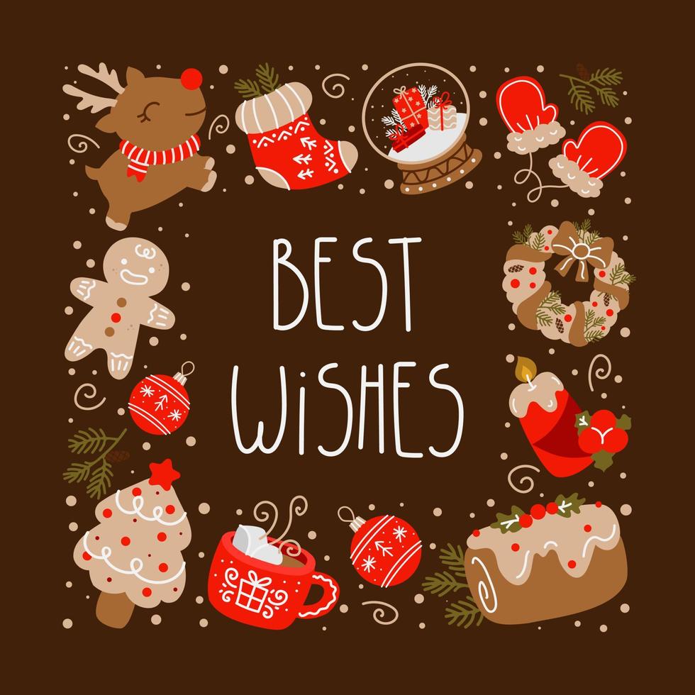Christmas card with Calligraphic holiday wishes and composition of holiday elements vector