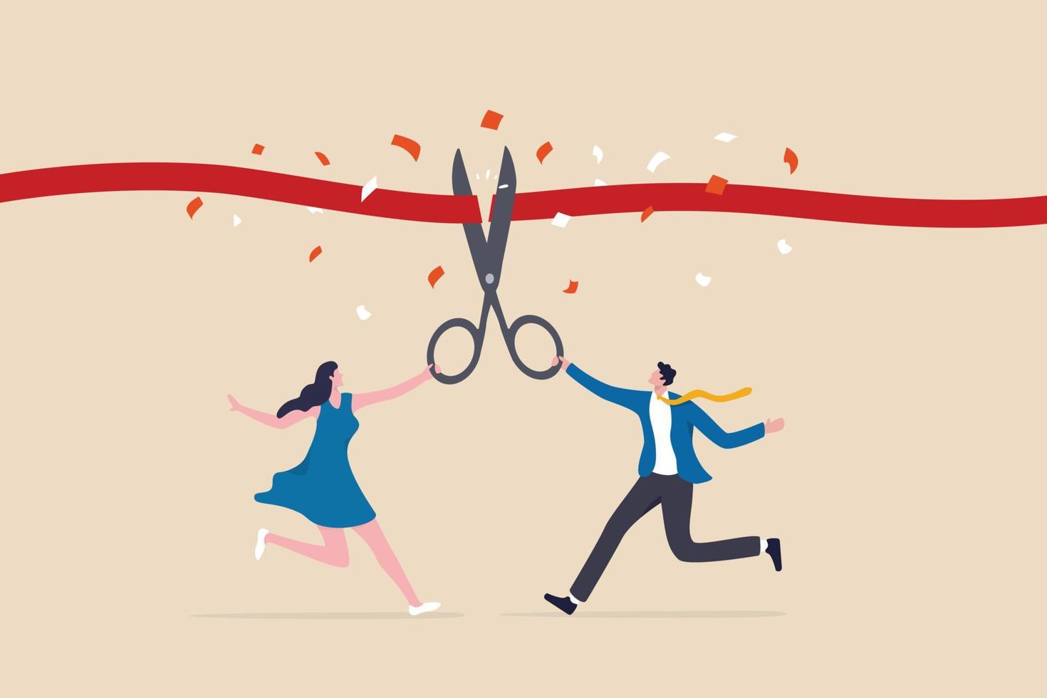 Cut ribbon to start new business, startup launch new product ceremony or great beginning celebration event, businessman and businesswoman holding scissors to cut red ribbon start new company. vector