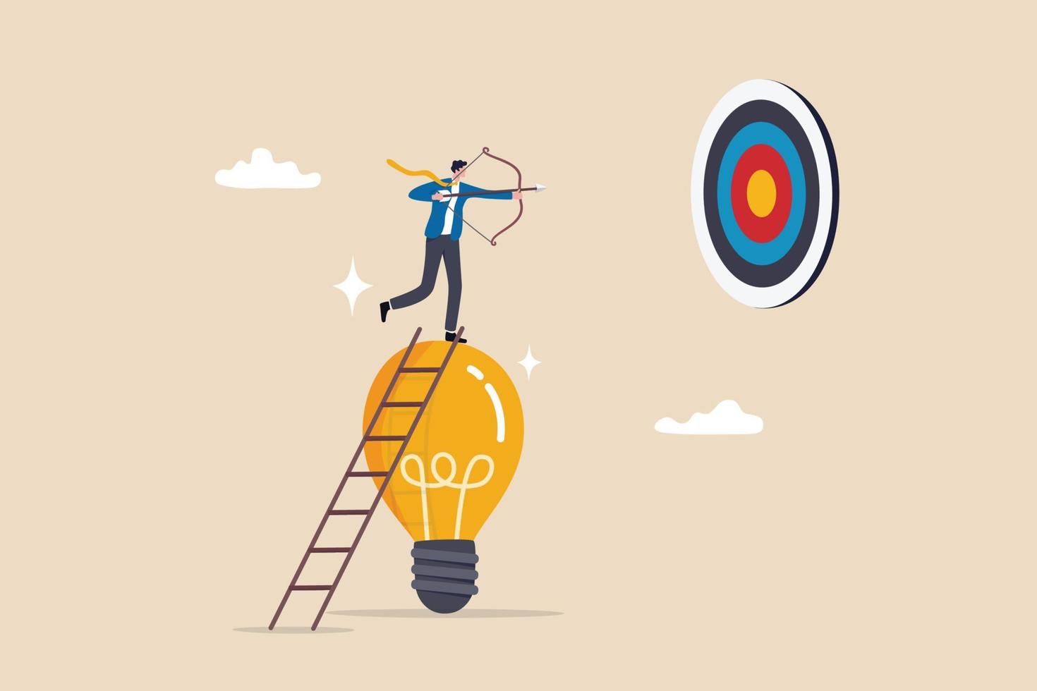 Idea to achieve target, strategy or planning to achieve goal, innovation to insight to reach target, solution or creativity concept, businessman climb up ladder on lightbulb idea to shoot at target vector