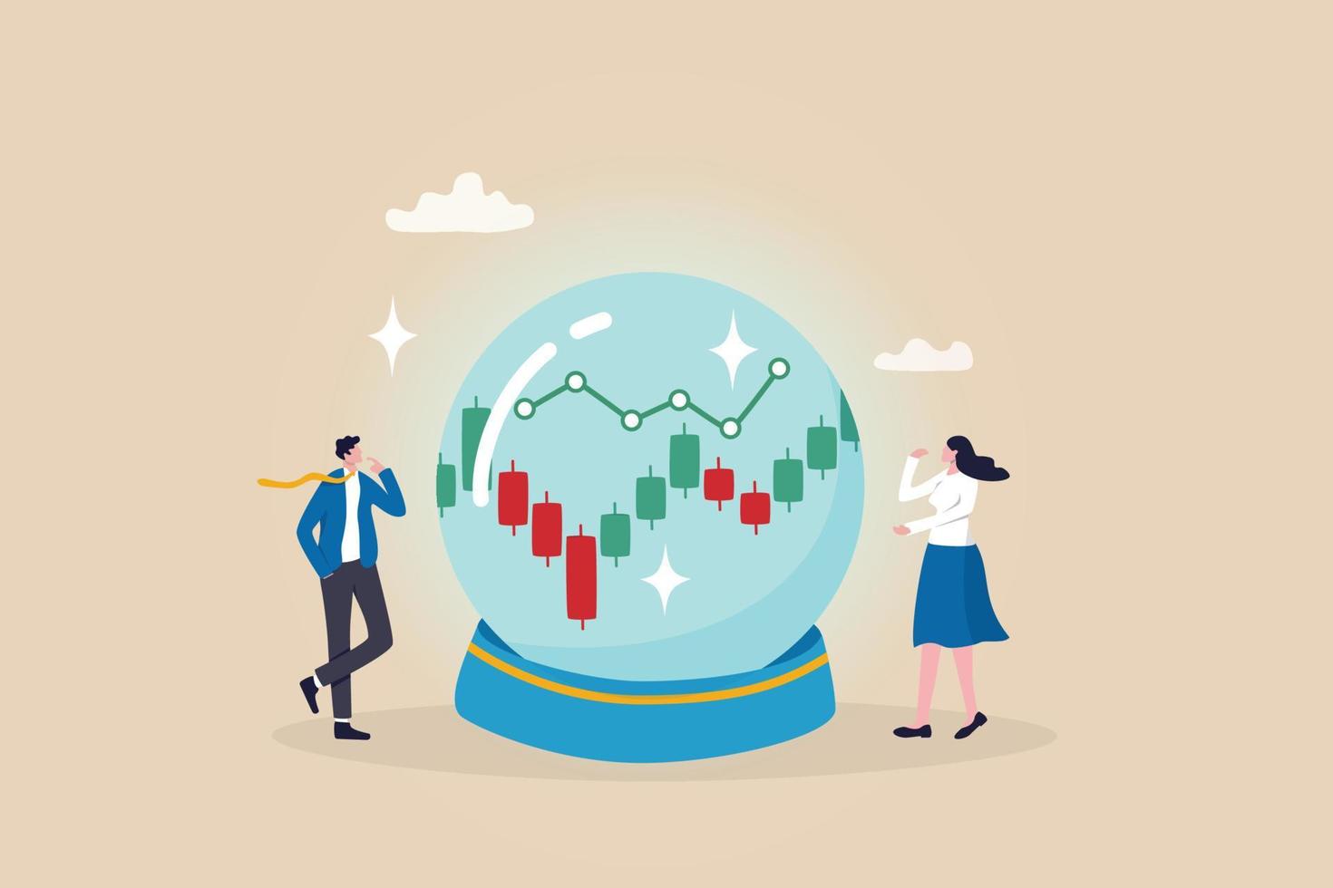 Forecast or prediction, investment opportunity, fortune teller to see stock market or economic direction, trend or business vision concept, business people look at magic sphere future market chart. vector