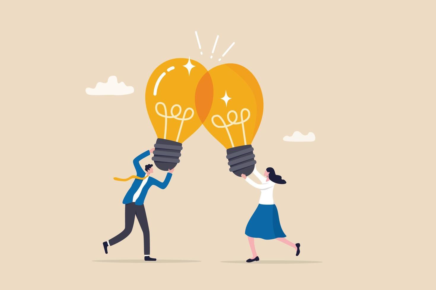 Combine idea, synergy or collaborate to get solution, brainstorm, teamwork or think together to develop great idea concept, businessman, businesswoman join or combine lightbulb idea for best result. vector