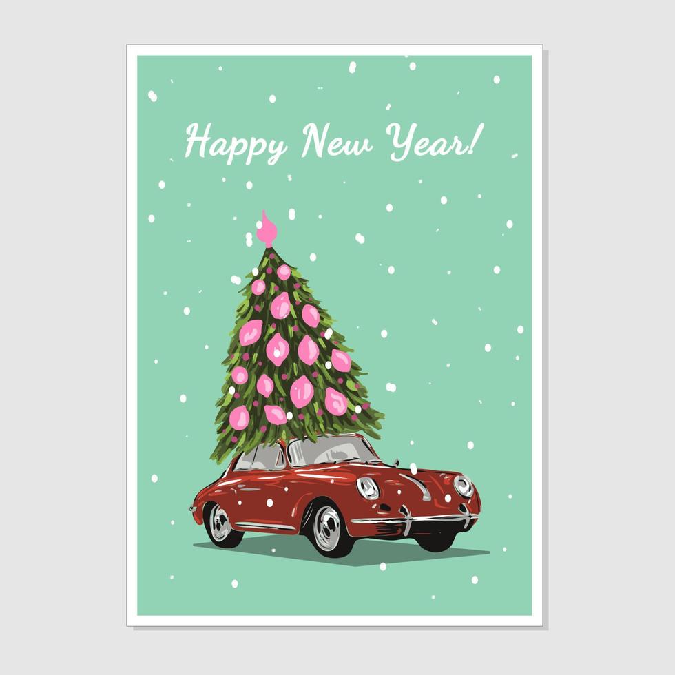 feliz navidad ilustración sobre fondo azul. postal navideña con coche rojo y árbol de navidad vector