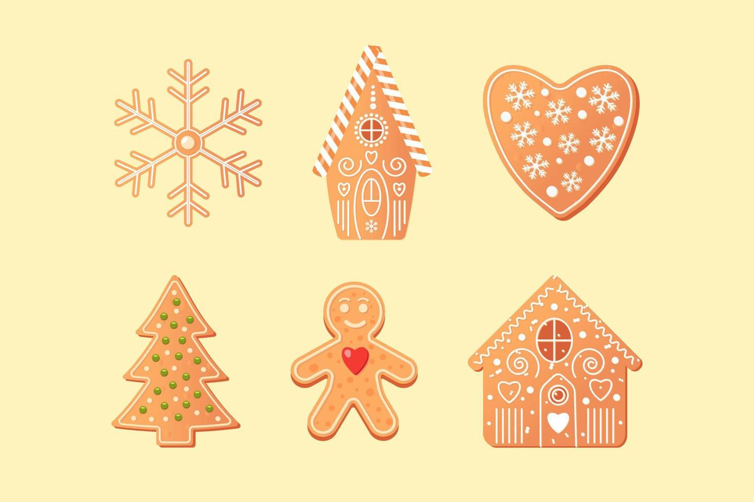 conjunto de coockies con árbol de navidad, casa, corazón, estrella y hombre de pan de jengibre. vector