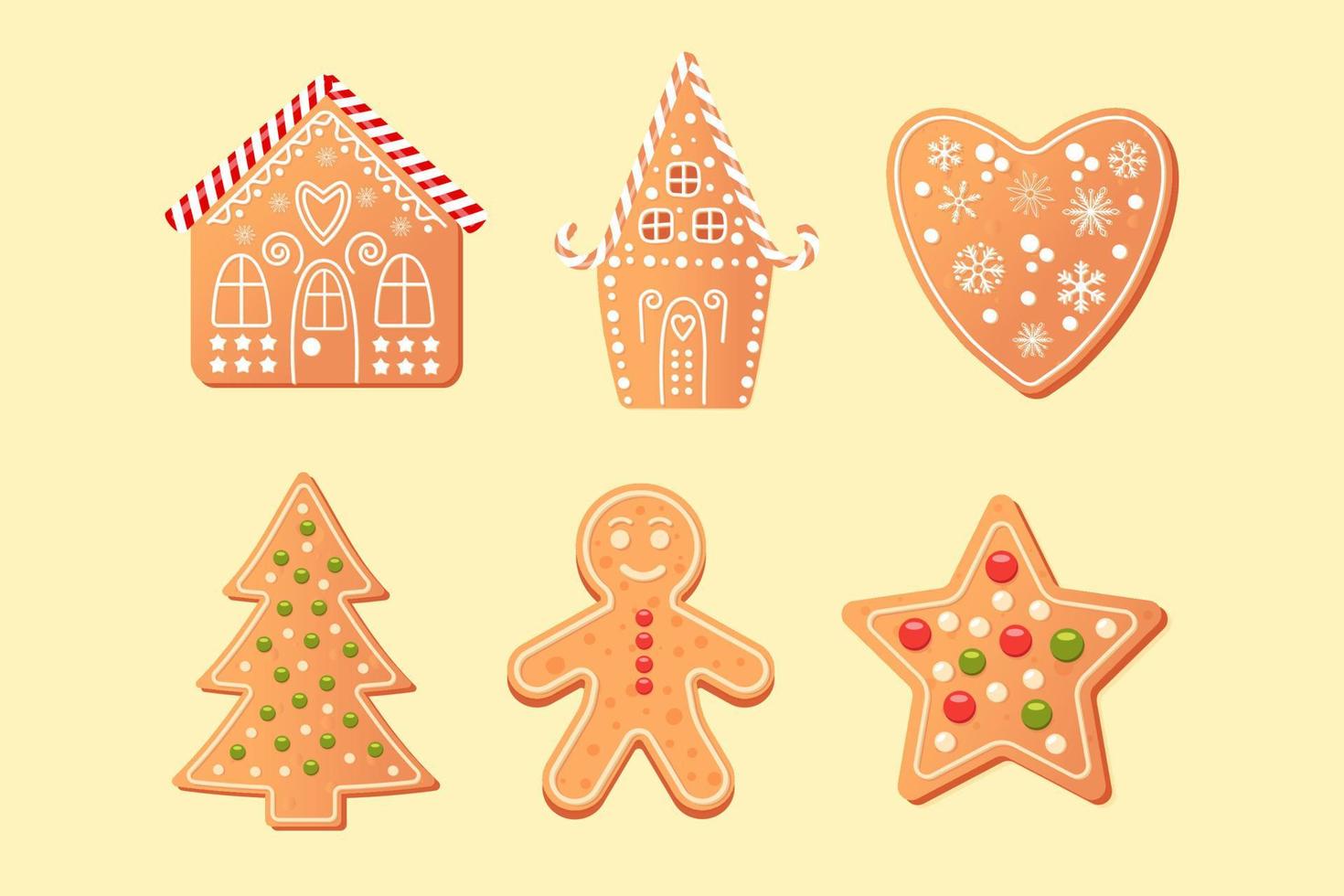 Set of Coockies with christmas tree, house, heart, star and gingerbread man. vector