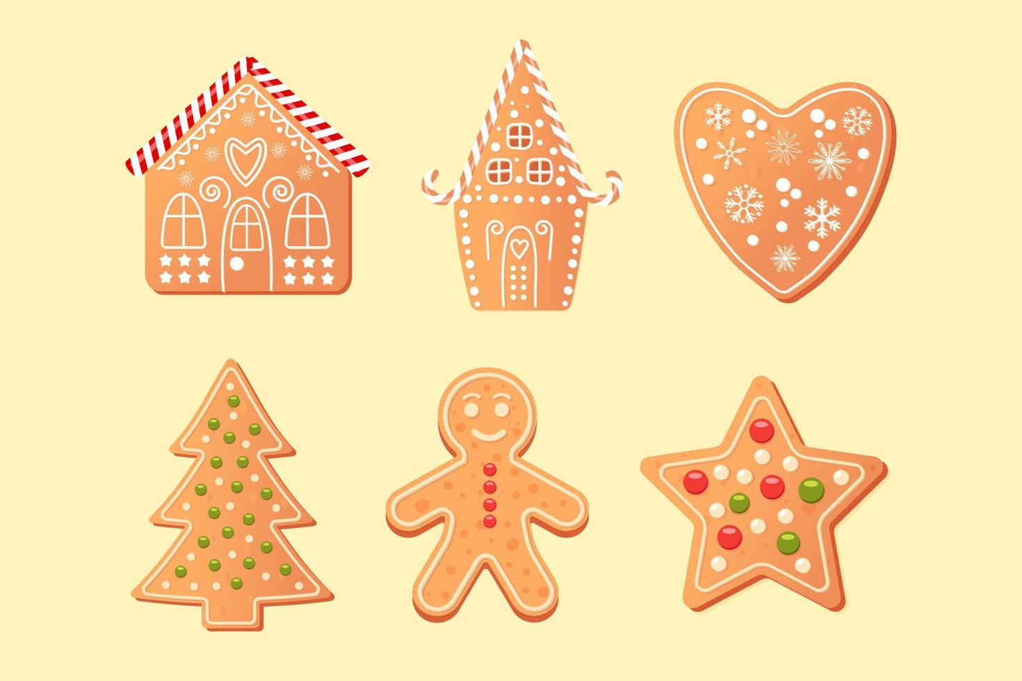 conjunto de coockies con árbol de navidad, casa, corazón, estrella y hombre de pan de jengibre. vector