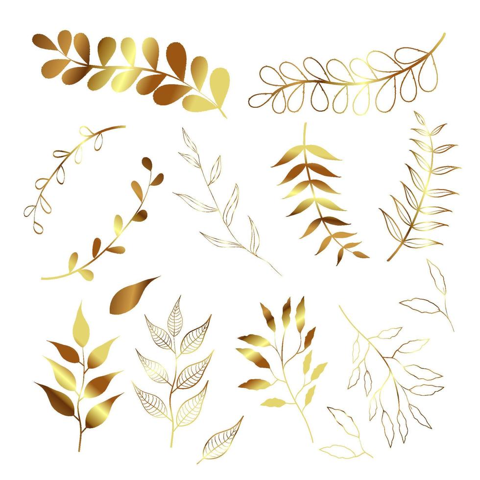 Set of golden floral elements. Gold leaves. Wedding concept - flowers. Floral poster, invite. Vector arrangements for greeting card or invitation design