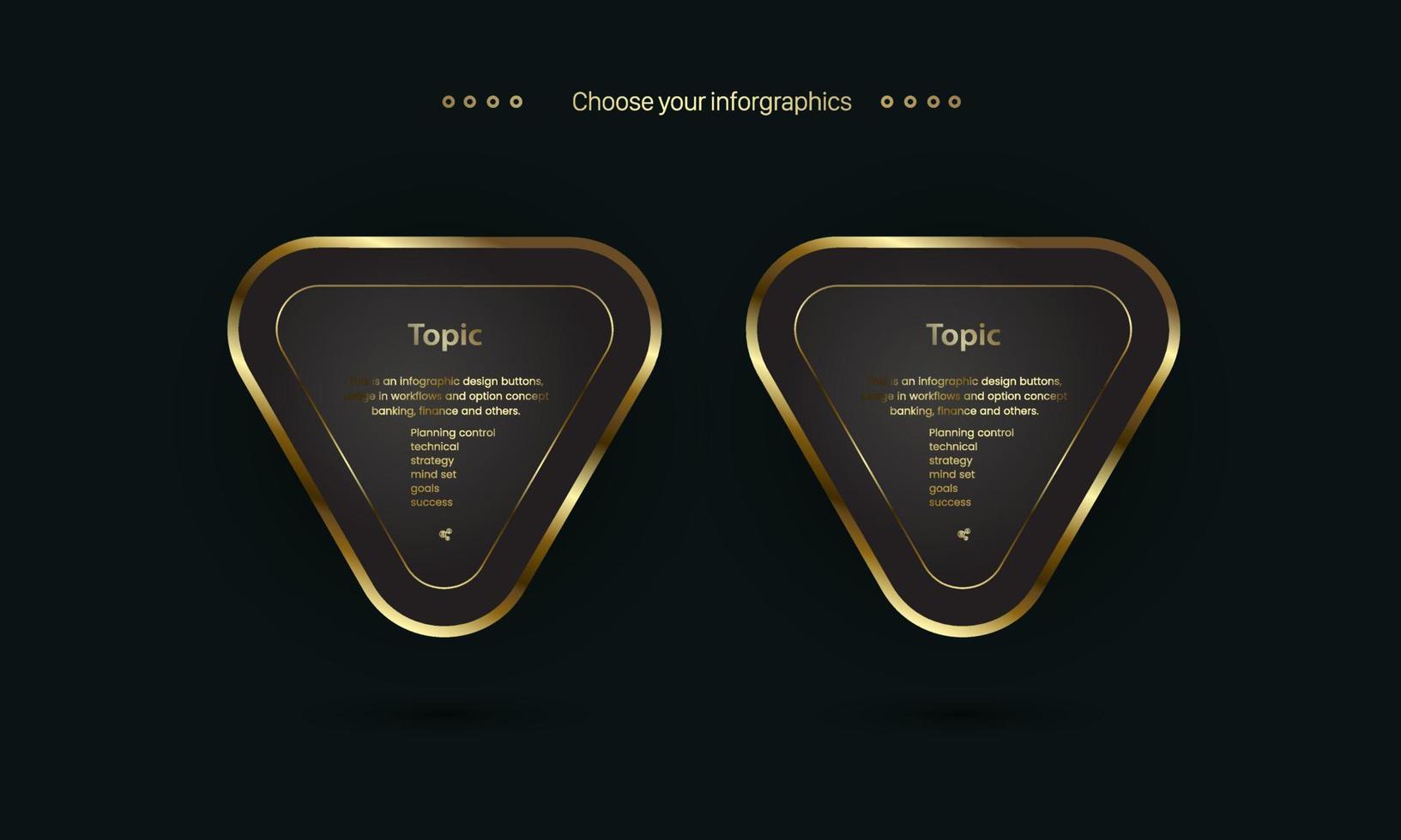 TWO gold Infographic option banners, triangle shape button on dark background of vector design, 3 premium levels vector concept design.
