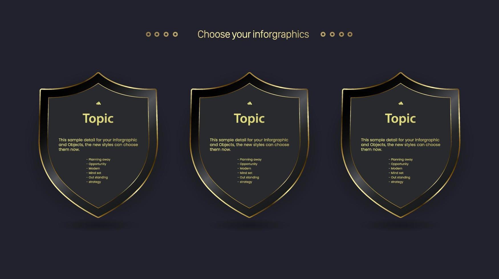 Set of three dark and golden infographic place on dark background, three premium banner vector and buttons design.