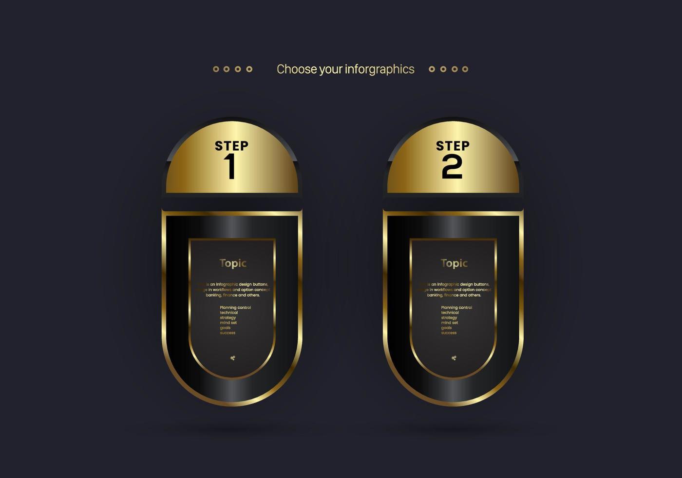 Two golden and premium banners infographic for muiltiperpose design, golden vector buttons in Five options style dark and gold concepts.