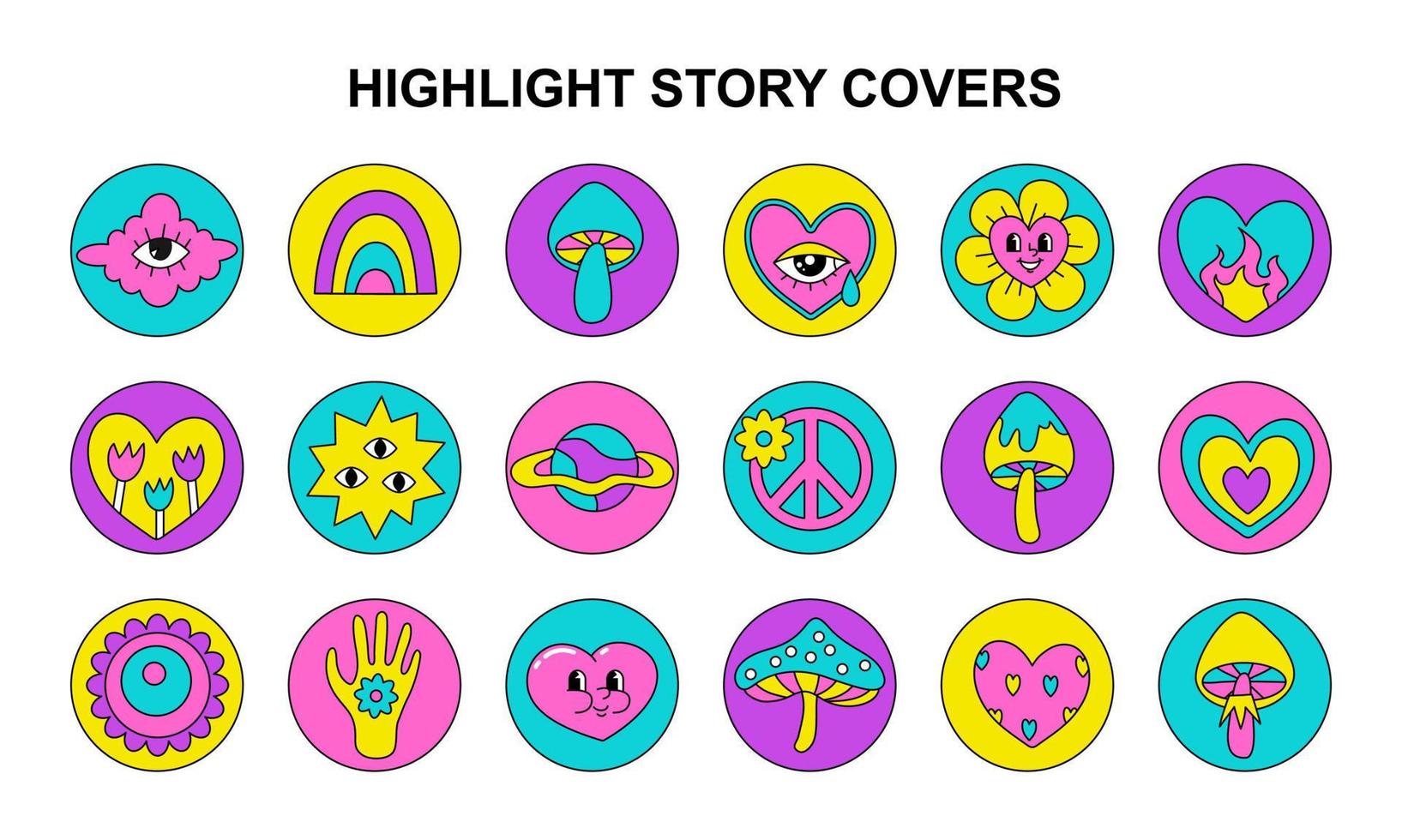 un conjunto de portadas de historias destacadas. plantillas para blogueros. 18 iconos brillantes al estilo hippie. iconos divertidos vector