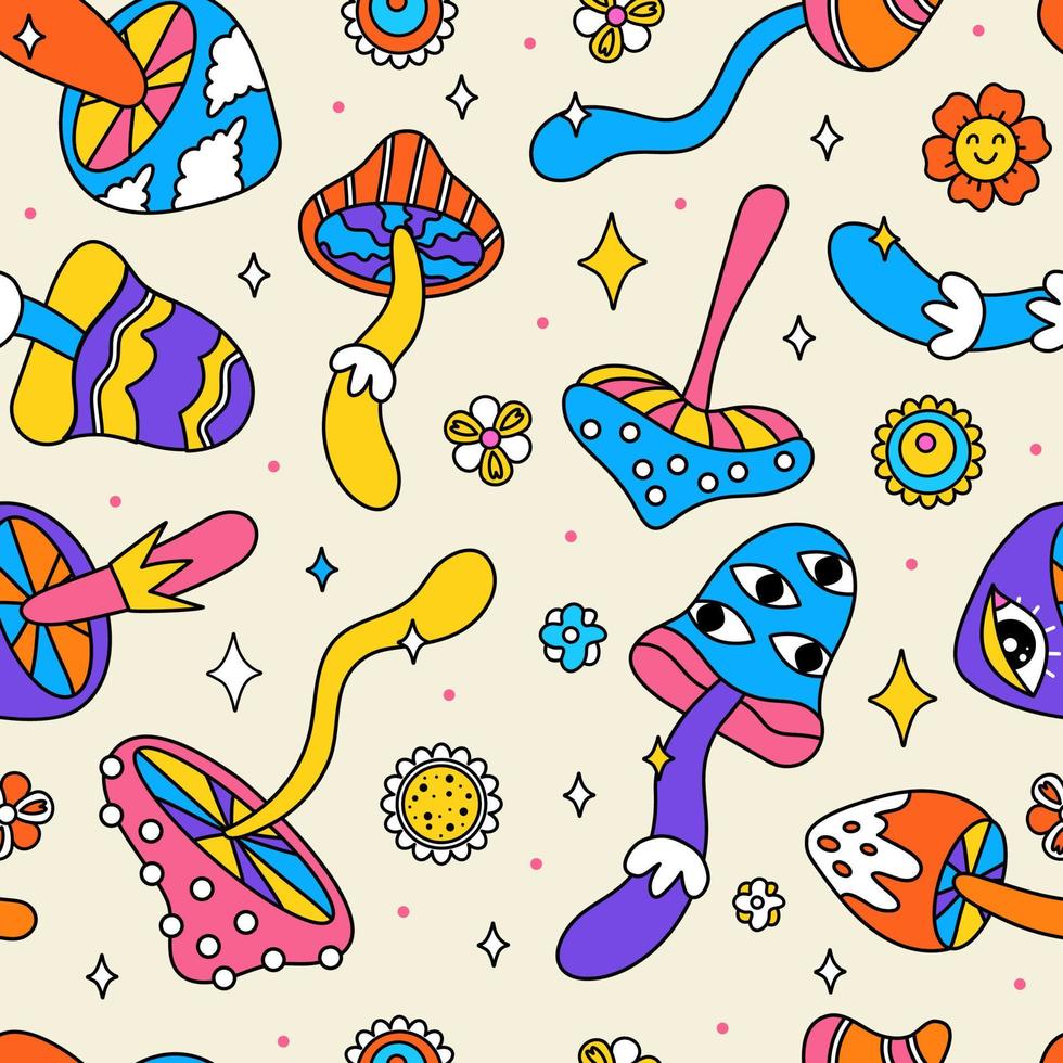 Seamless pattern with hallucinogenic mushrooms. Drawings in the style of doodle hippies. Retro for fabric, paper vector