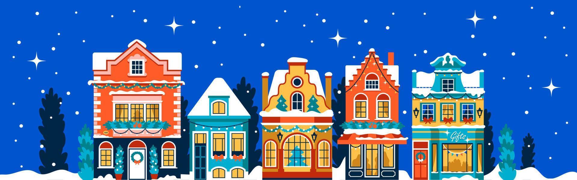 pancarta navideña con casas decoradas con colores vivos con guirnaldas. fachadas planas con árboles de navidad y nieve vector