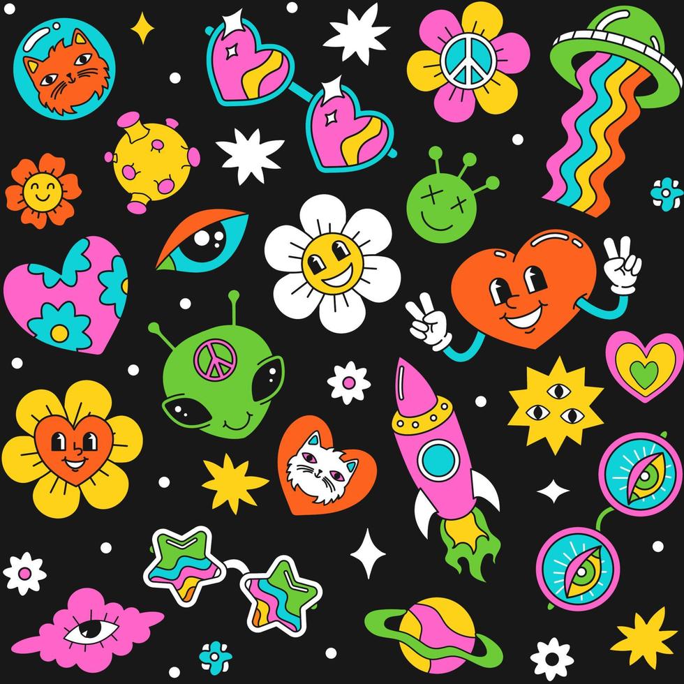 Seamless pattern with a hippie-style doodle. Retro bright with hearts and rainbow. Print for fabric, paper vector