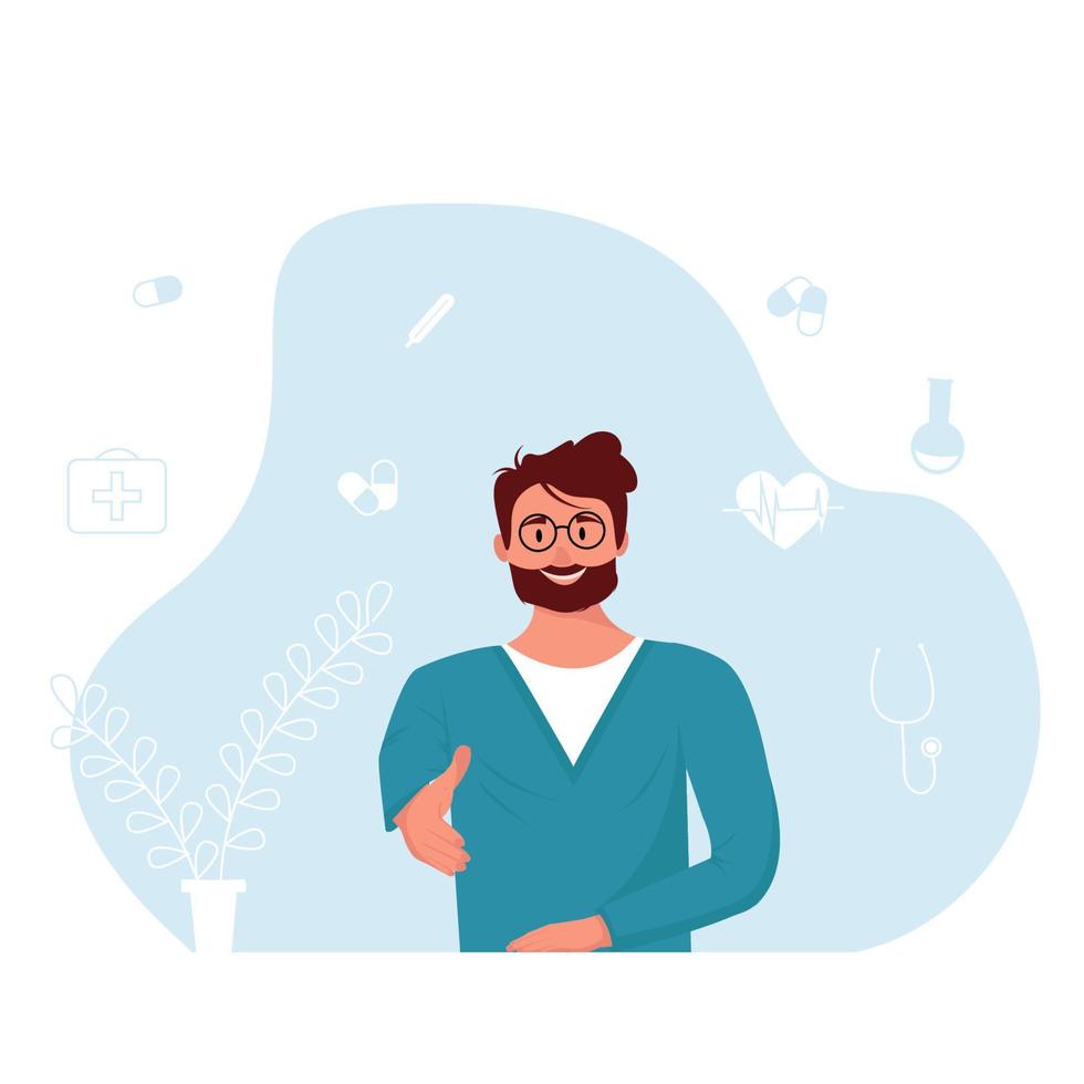 The family doctor invites you to an appointment. Vector illustration.
