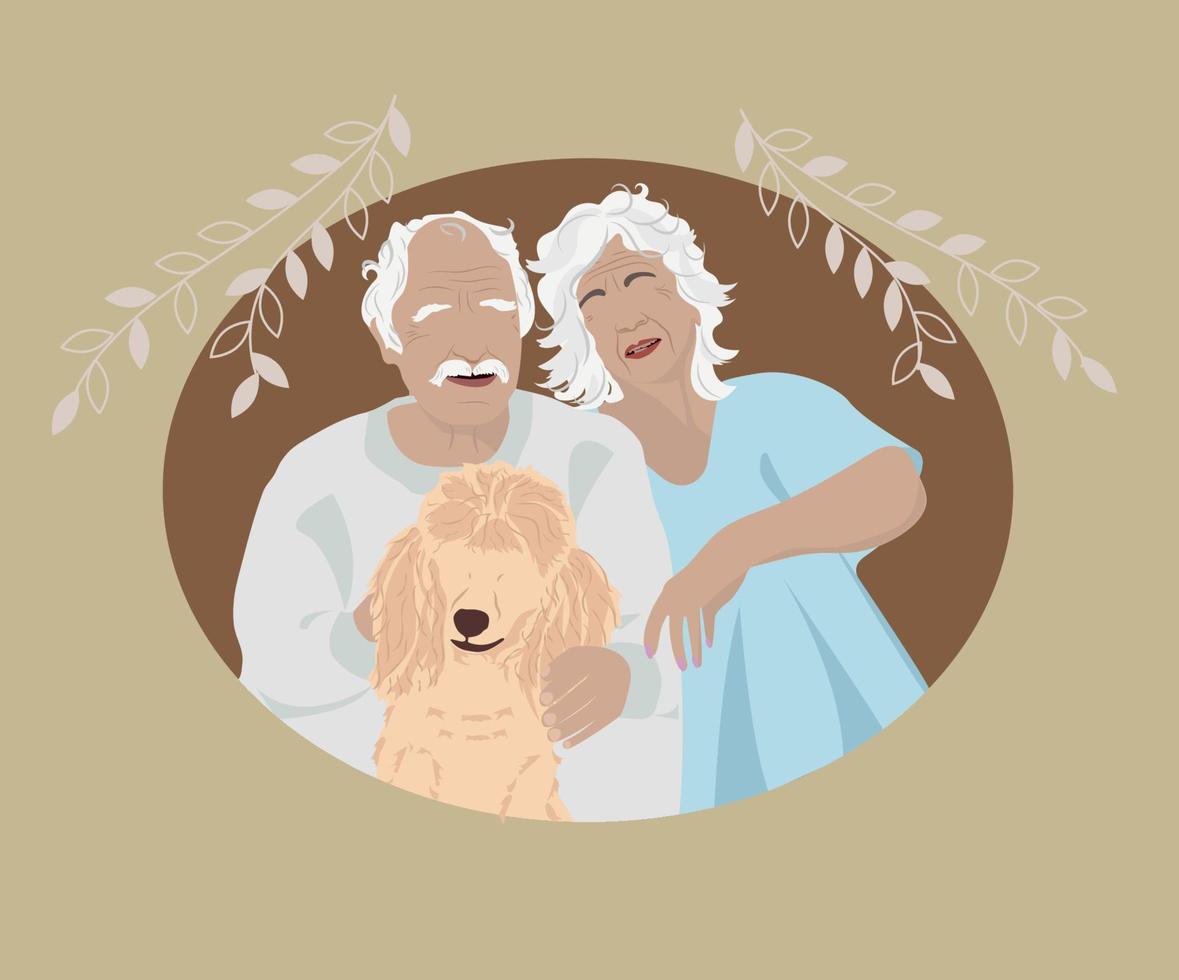 Elderly married pair, husband and wife with dog. Happy marriage, retirement. vector