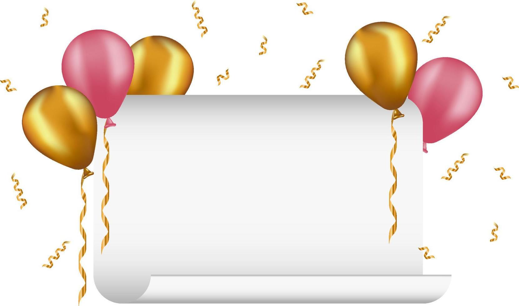 Festive banner with 3d realistic balloons and falling confetti. vector