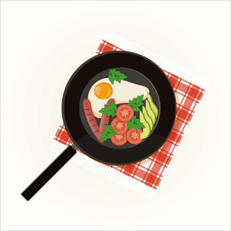 scrambled eggs in a pan with sausages and vegetables vector