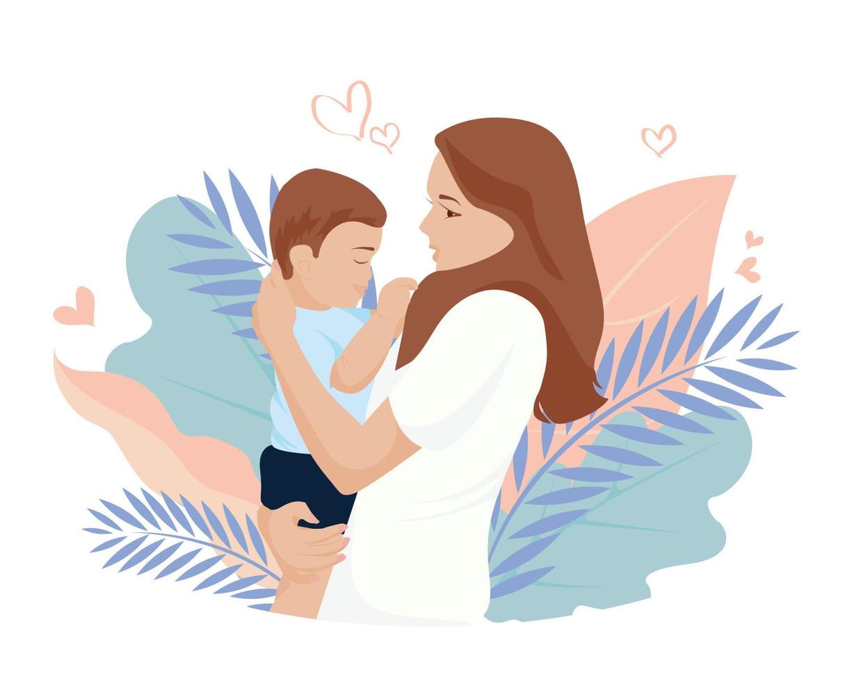 ilustración vectorial de una madre sosteniendo a su hijo en los brazos. tarjeta de felicitación del día de la madre feliz. vector